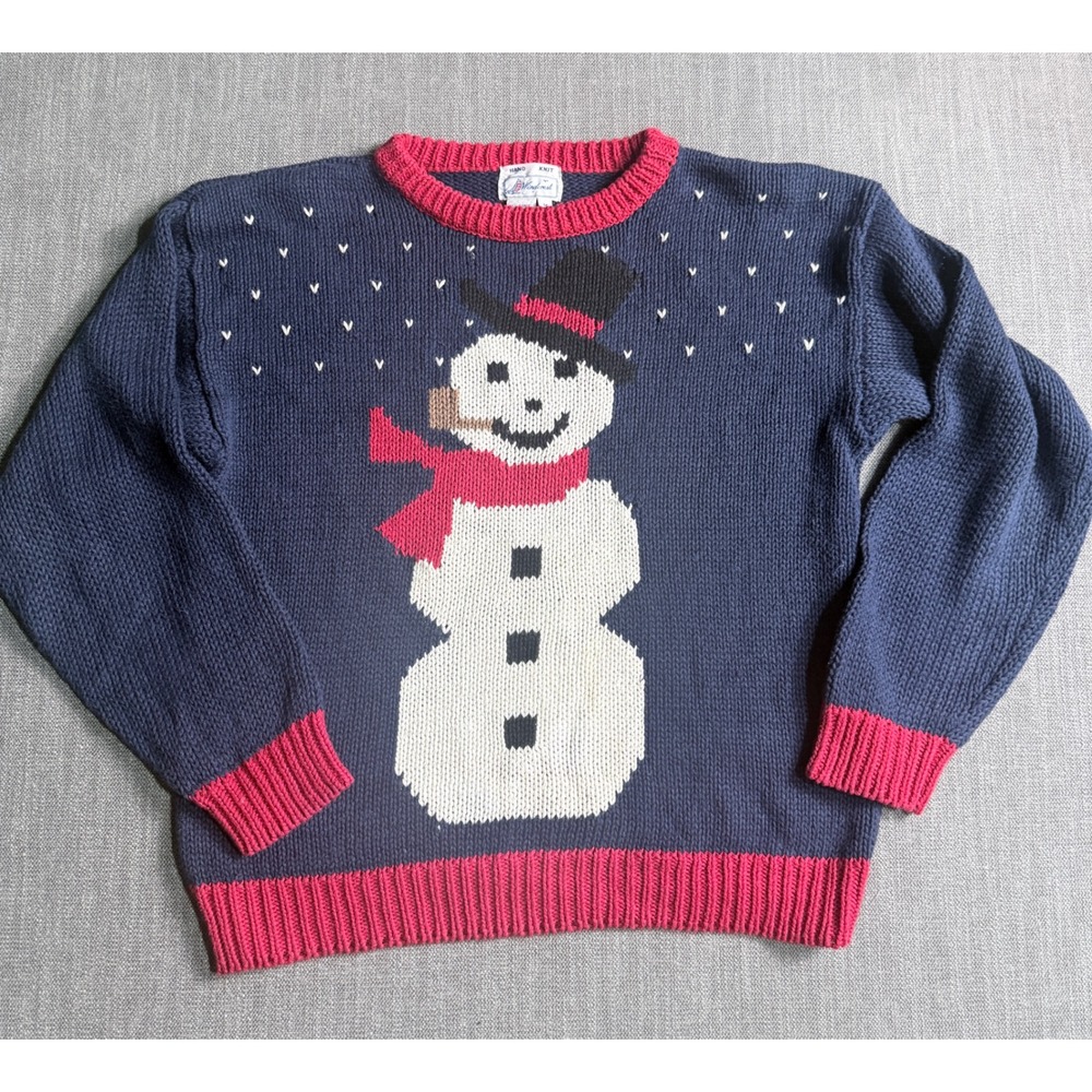 Windcrest Hand Knit Snowman Sweater Navy Red Ramie Cotton Vintage Medium